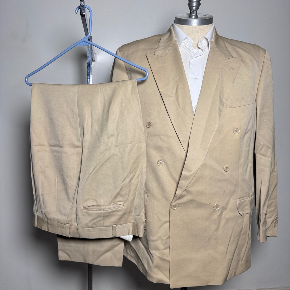 Franco Tassi Suit‎ Mens 50L W41 L29 Tan Solid Wool Double Breasted Peak Lapel